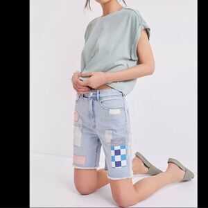 Pilcro Ultra High-Rise Patchwork Denim Bermuda Shorts